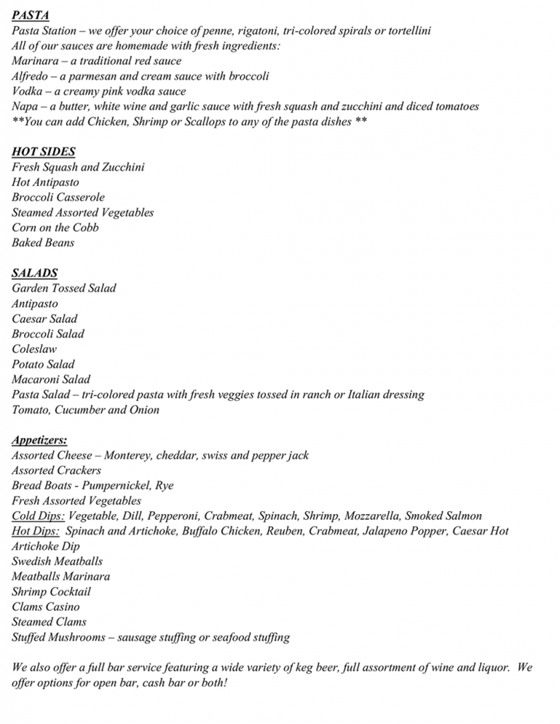 Catering Menu | Pine Tree Inn